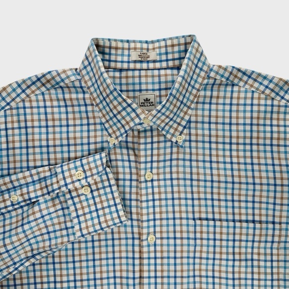Peter Millar Mens Large Blue Brown Checkered Plaid Long Sleeve Button Down Shirt - Picture 2 of 9